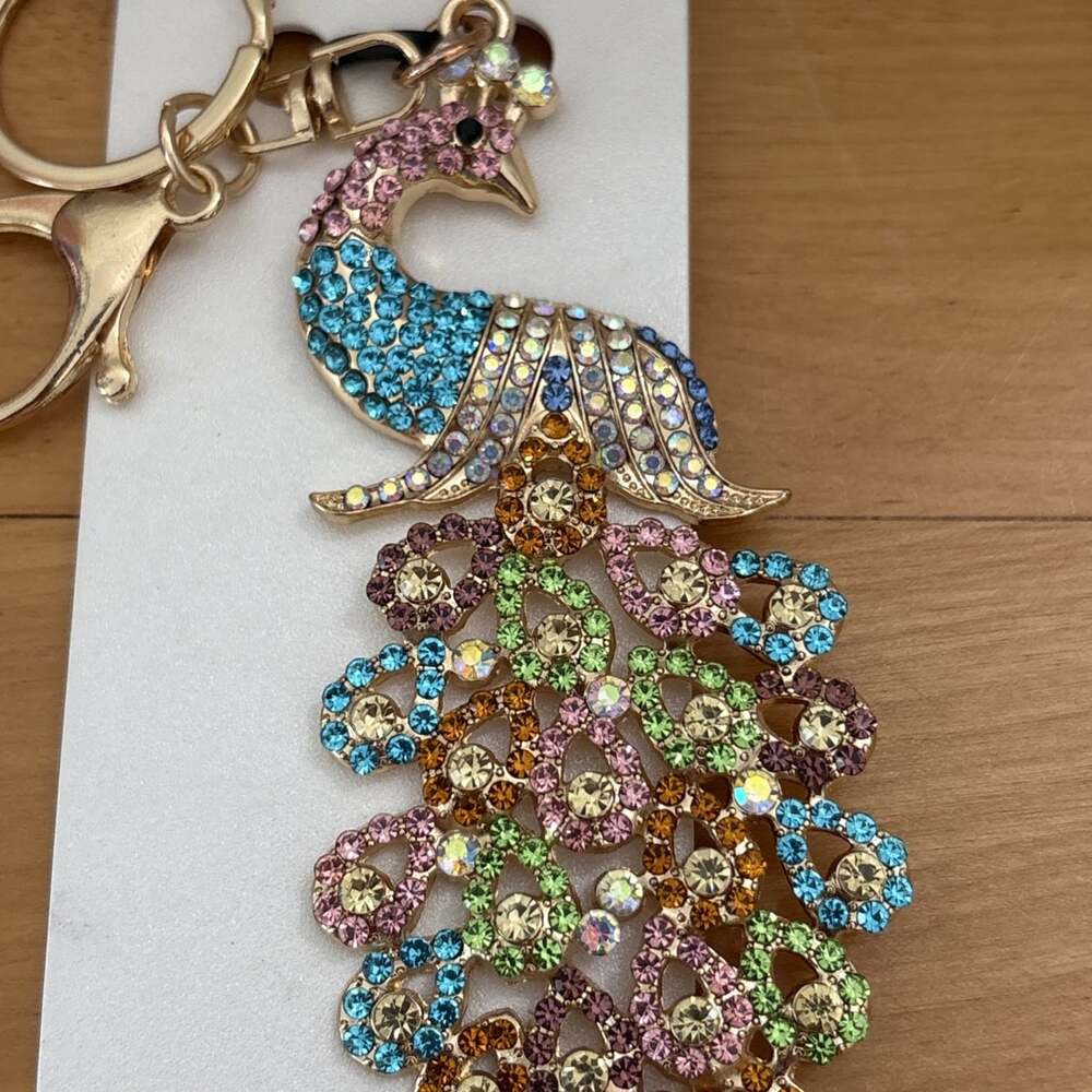 Natasha Rhinestone Peacock Bag Charm Keychain Brand New Bling Gold Rainbow - Picture 2 of 8